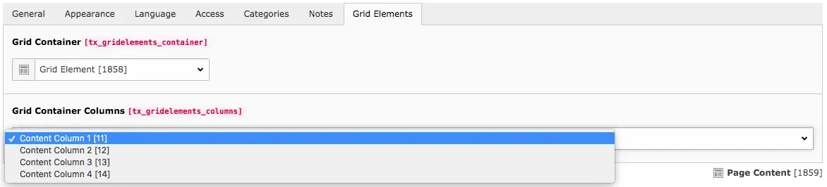 TYPO3 Content elements Tab Grid elements Columns