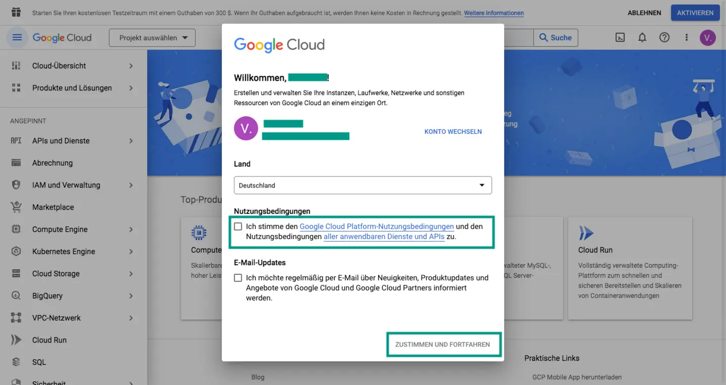 Anmelden bei der Google Cloud Console