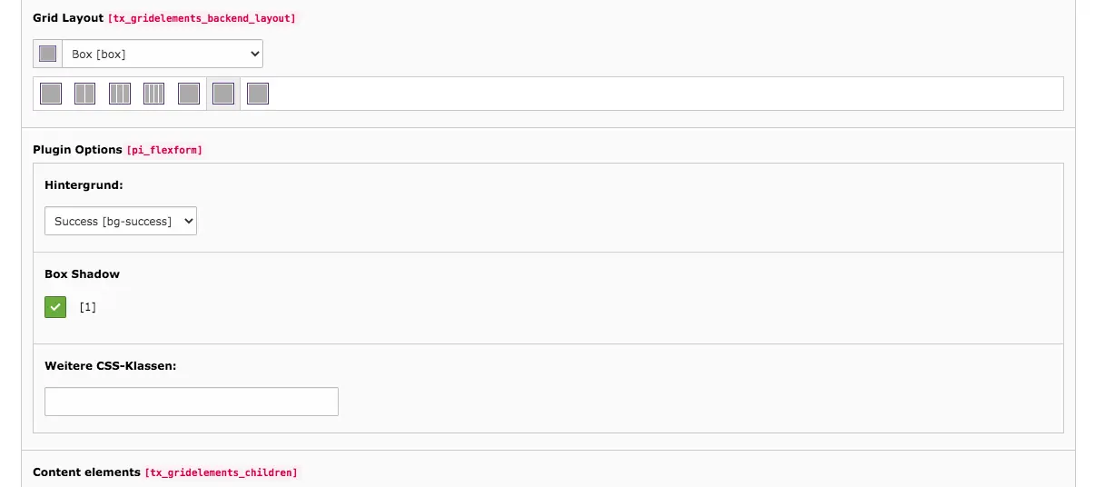 TYPO3 Content Element Grid Elements Box Backend Tab General Plugin Options Grid Layout
