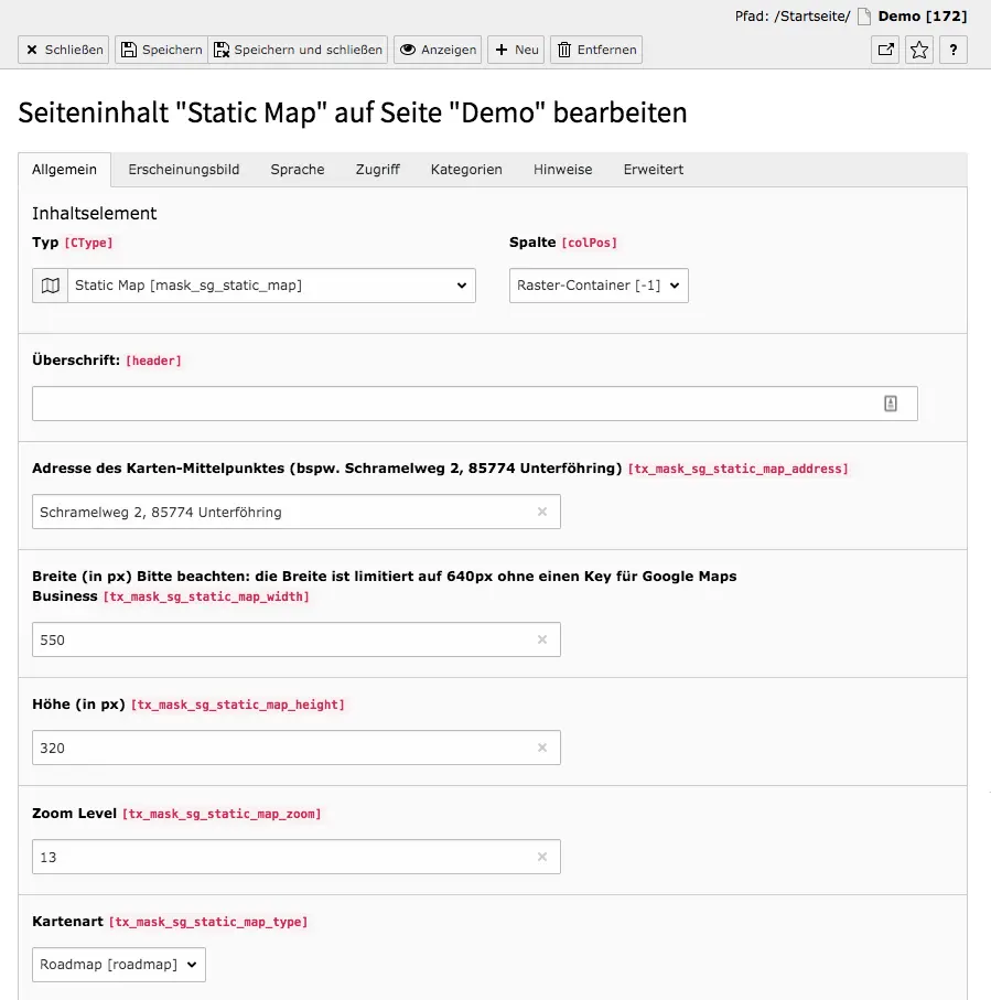 TYPO3 Mask Element Static Maps