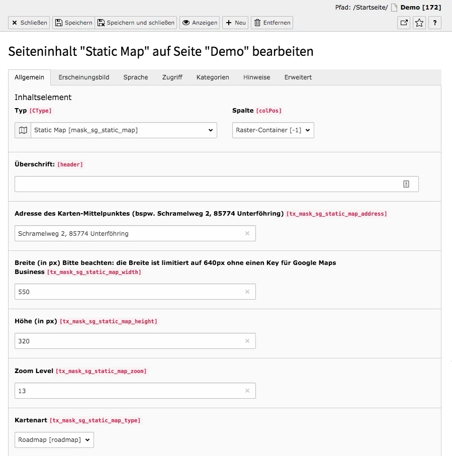 TYPO3 Mask Element Static Maps