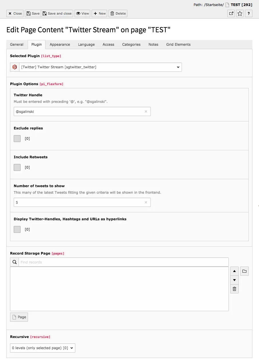 TYPO3 Content Element Plugins Twitter Stream Backend Tab Plugin 