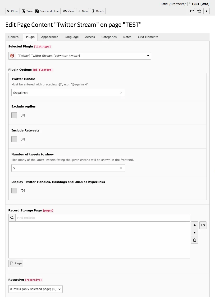 TYPO3 Content Element Plugins Twitter Stream Backend Tab Plugin
