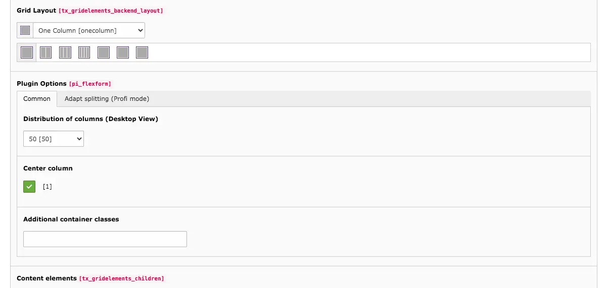 TYPO3 Content Element Grid Elements One Column Backend Tab General