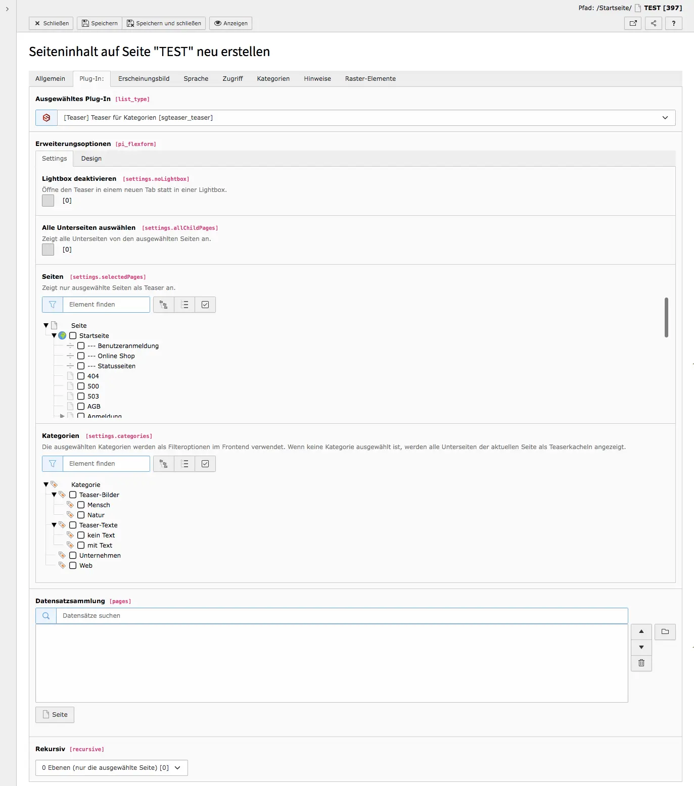 TYPO3 Content element Teaser for categories Tab Plugin Settings