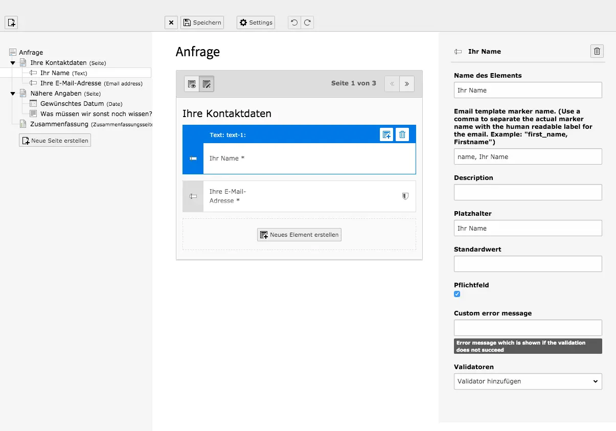 TYPO3 Modul Formulare Formular-Element bearbeiten 