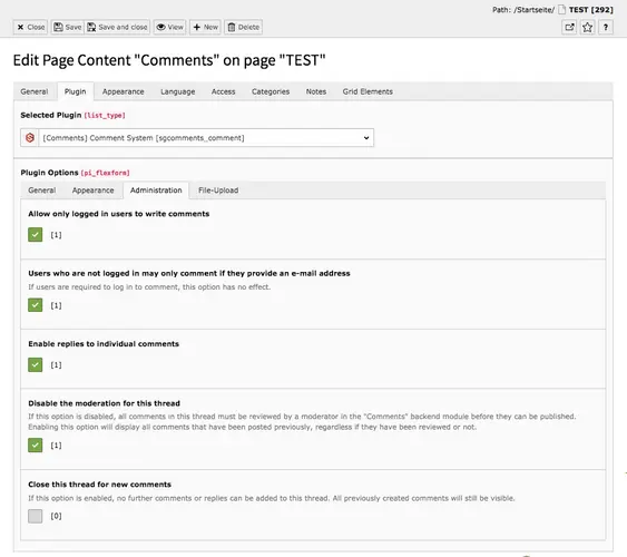 TYPO3 Content Elements Plugins Comments Backend Tab Plugin Administration