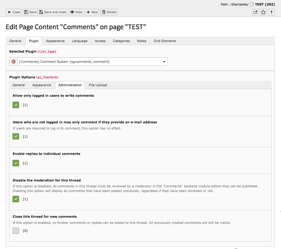 TYPO3 Content Elements Plugins Comments Backend Tab Plugin Administration