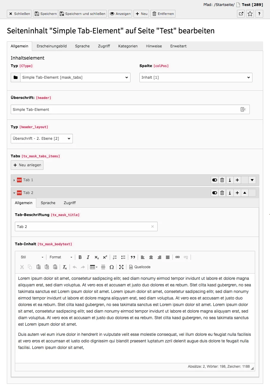 TYPO3 Mask Element Simple Tab Element