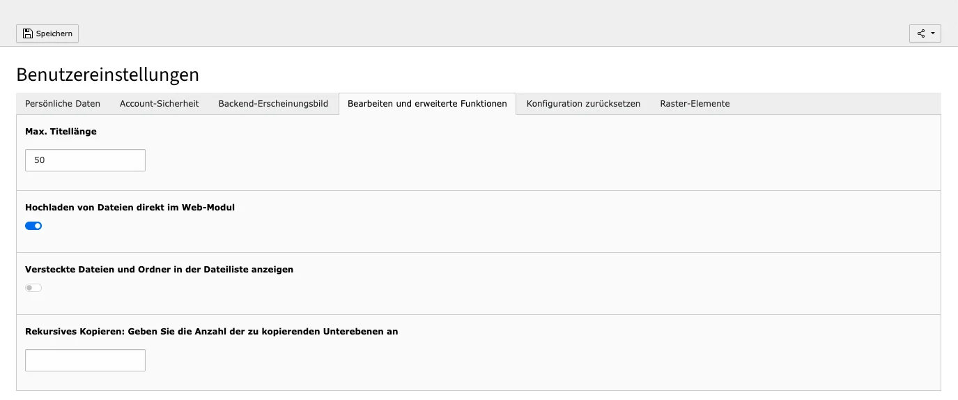 TYPO3 Benutzereinstellungen Bearbeiten und erweiterte Optionen