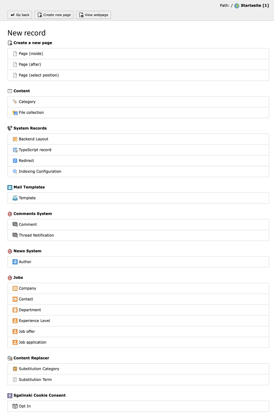 TYPO3 Module List Backend Create New Record