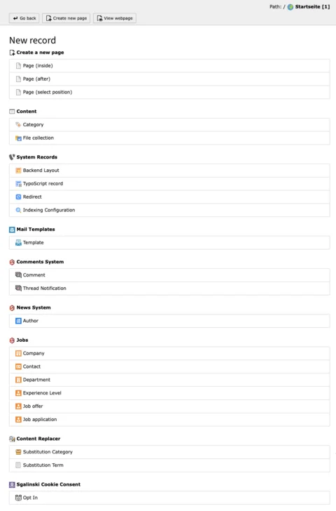 TYPO3 Module List Backend Create New Record