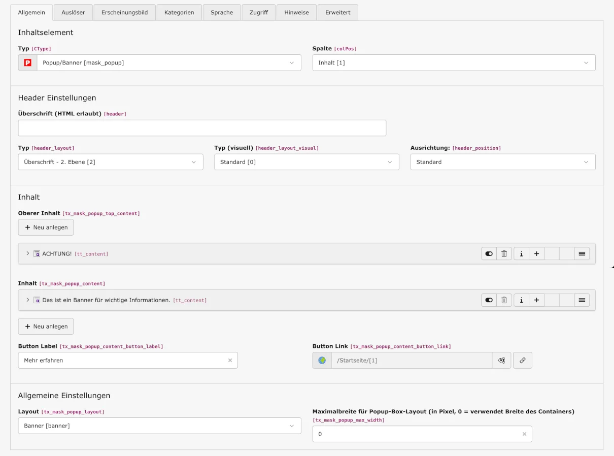 TYPO3 Backend Inhaltselement Mask Element Popup Reiter Allgemein