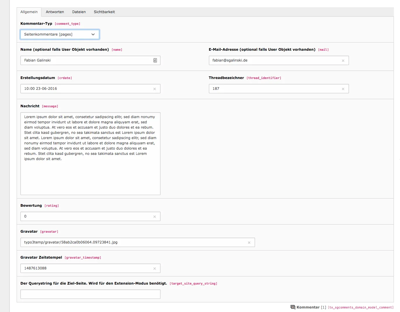 TYPO3 Kommentar Tab Allgemein