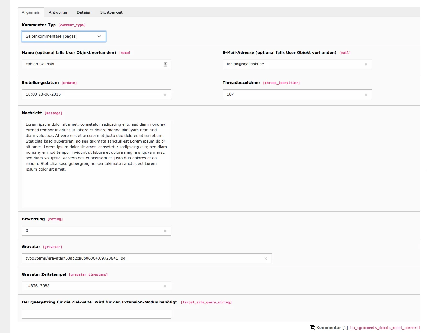 TYPO3 Kommentar Tab Allgemein