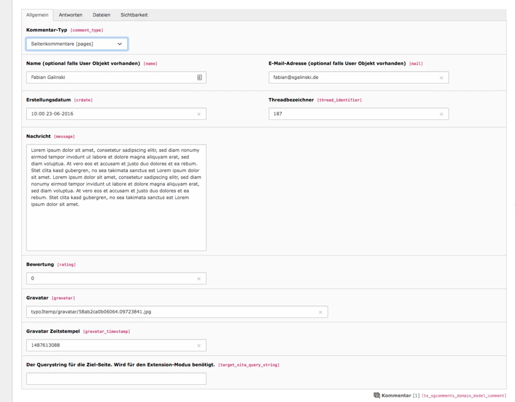TYPO3 Kommentar Tab Allgemein