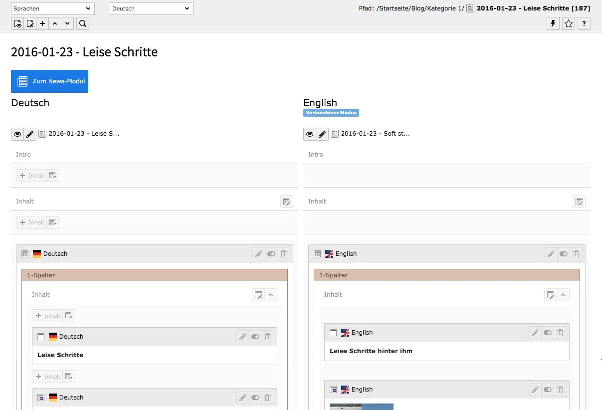 TYPO3 Übersetze Seite & Seiteninhalt Backend