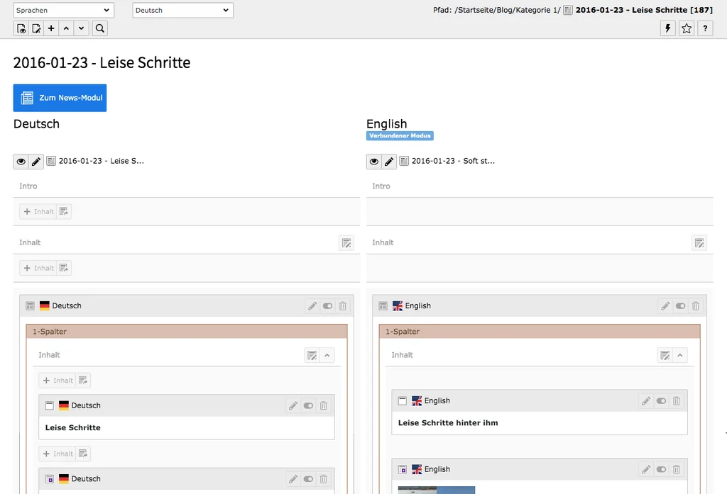 TYPO3 Übersetze Seite & Seiteninhalt Backend