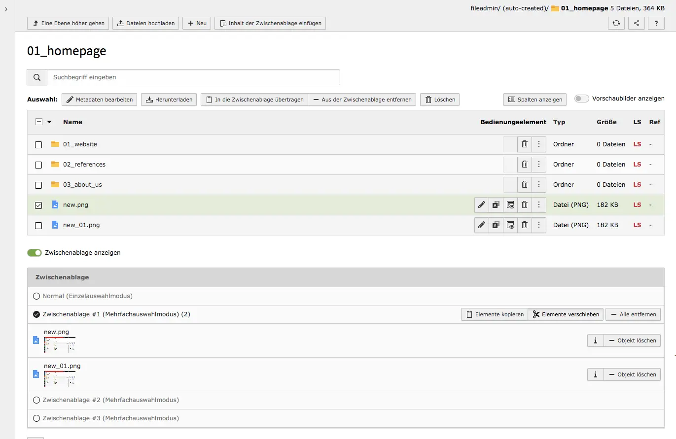 TYPO3 Modul Dateiliste Zwischenablage Mehrfachauswahlmodus