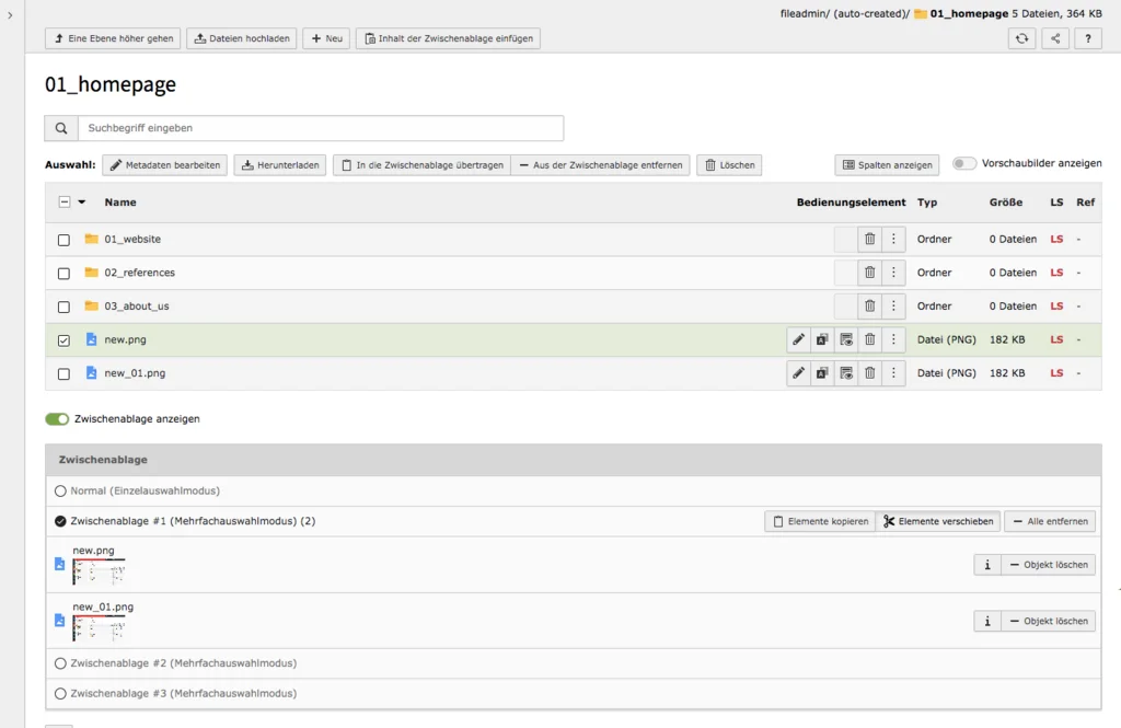 TYPO3 Module Filelist Tranfer selection to clipboard