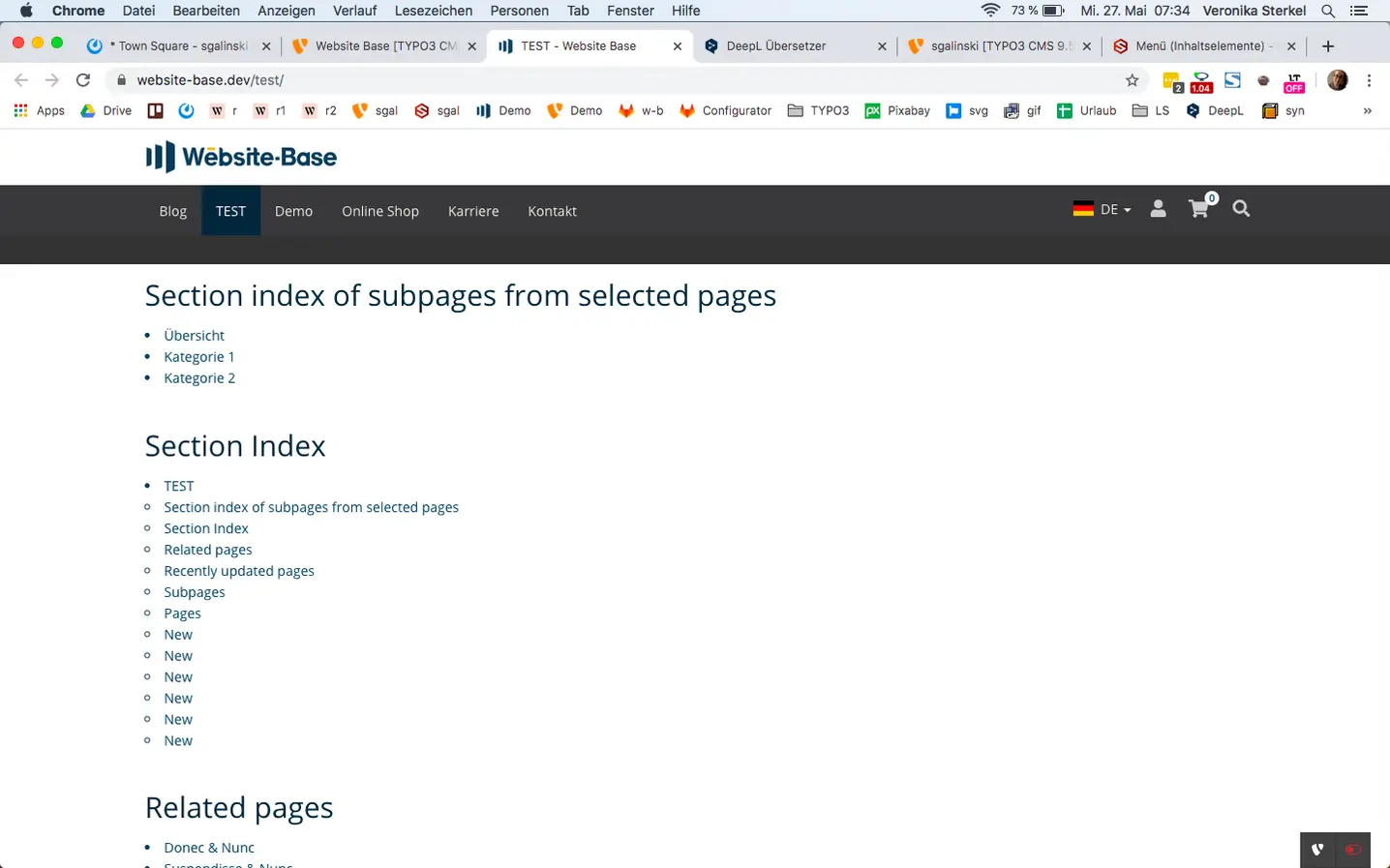 TYPO3 Content Element Menu Section index of subpages from selected pages Frontend