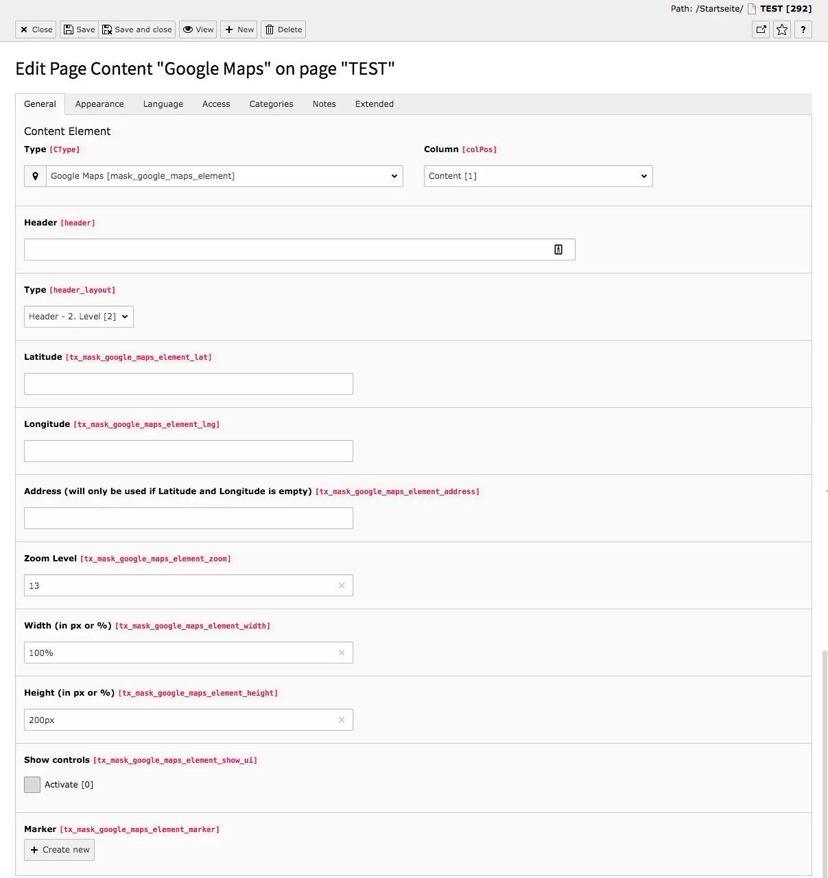 TYPO3 Mask Elements Google Maps Backend Tab General