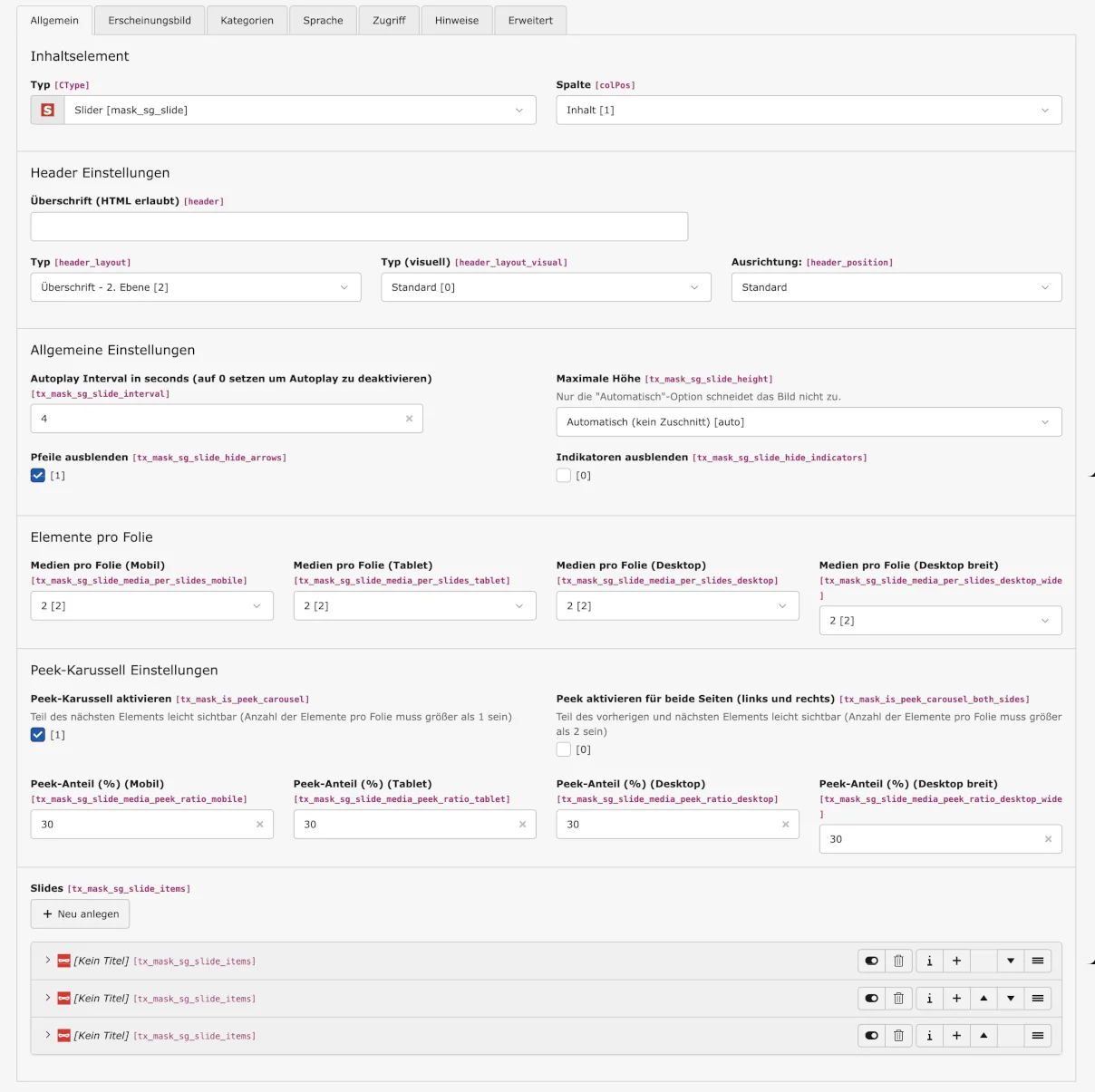 TYPO3 Mask Element Slider Reiter Allgemein