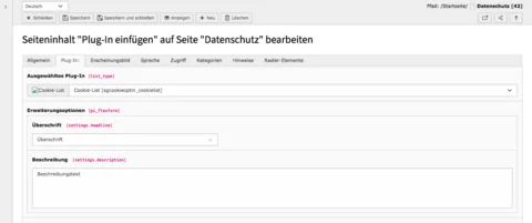 TYPO3 Inhaltselement Cookie-List Reiter Plug-In