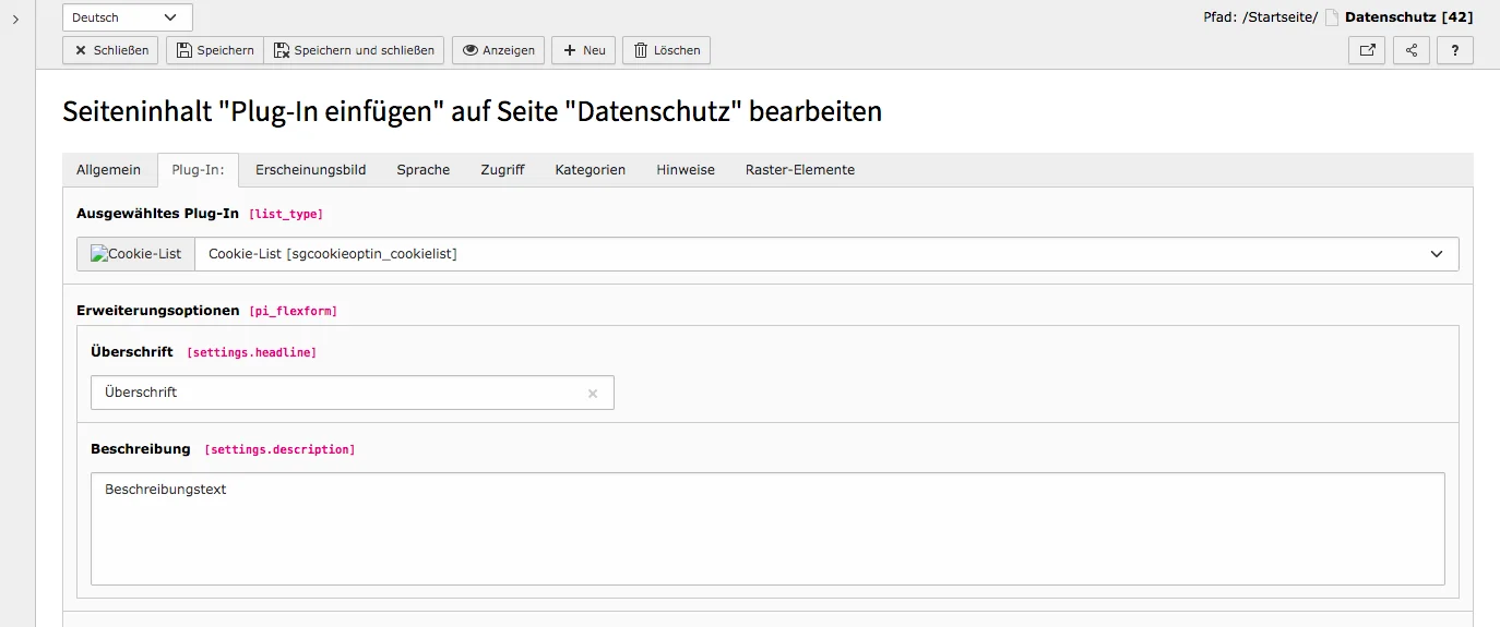 TYPO3 Inhaltselement Cookie-List Reiter Plug-In