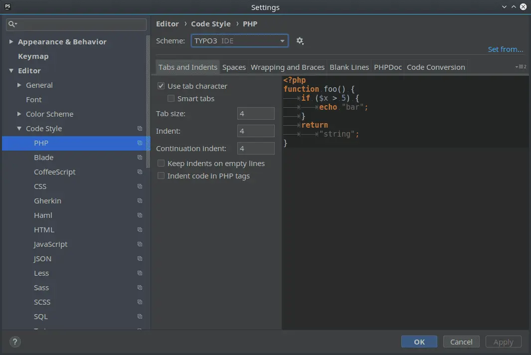 Code Style Languages Setting