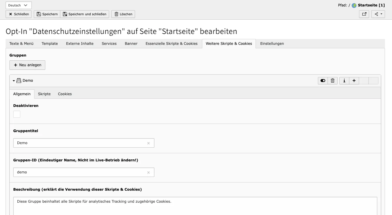 Cookie-Gruppe im TYPO3 Backend