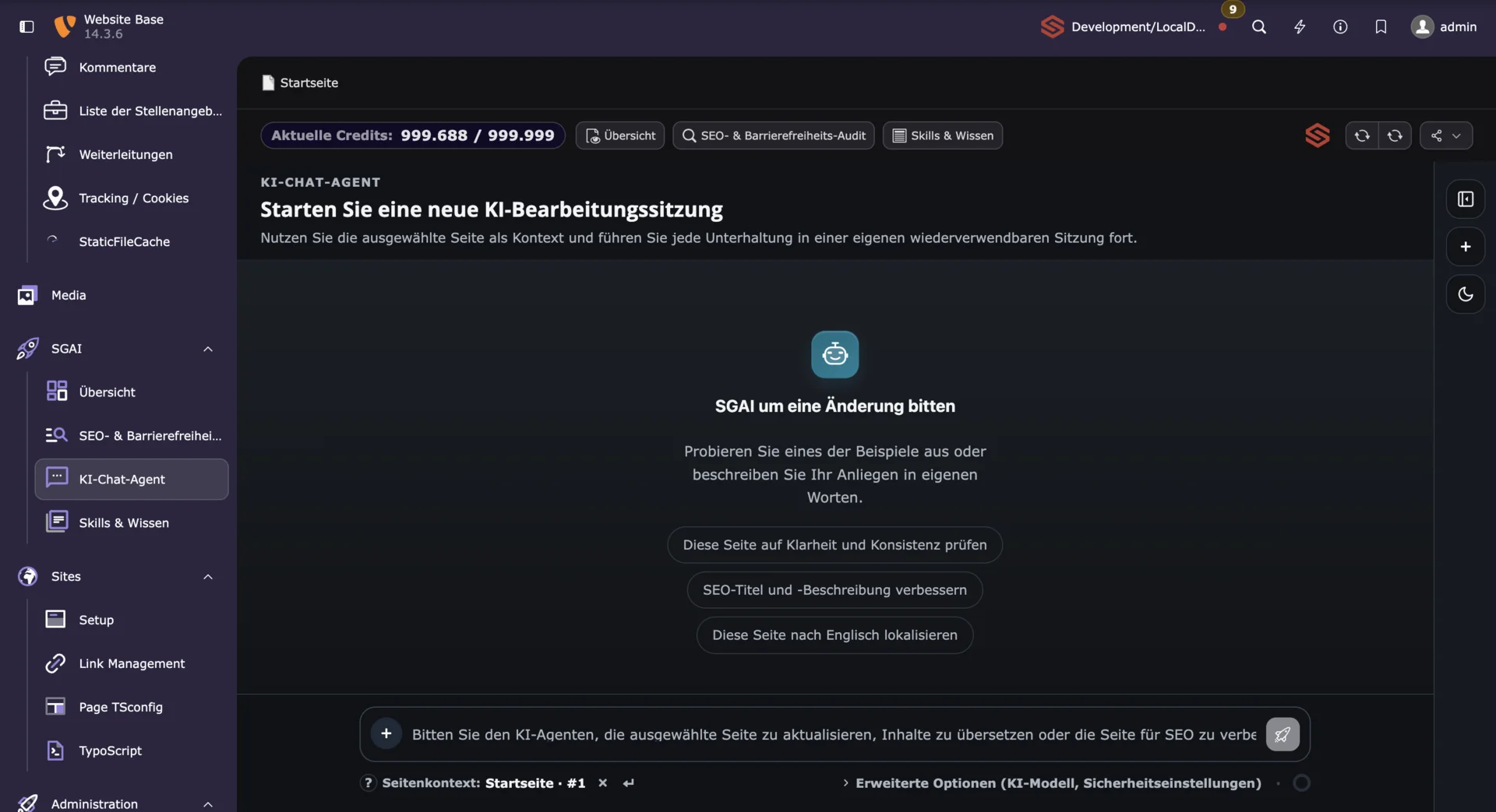 KI-Chat-Agent-Oberfläche mit Optionen zur KI-gestützten Seitenbearbeitung im Dark Mode.