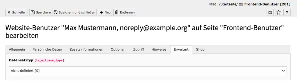 TYPO3 Modul Frontend-Benutzer bearbeiten Reiter Erweitert
