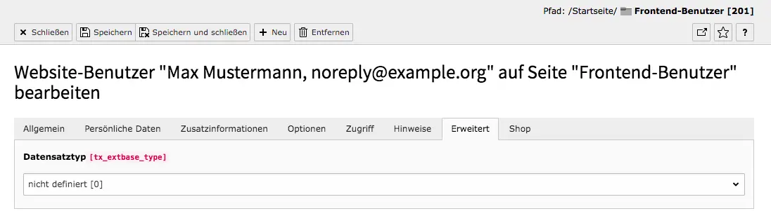 TYPO3 Modul Frontend-Benutzer bearbeiten Reiter Erweitert