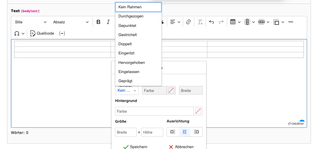 TYPO3 CKEditor Rich Text Editor Rahmen für Tabellen und Zellen