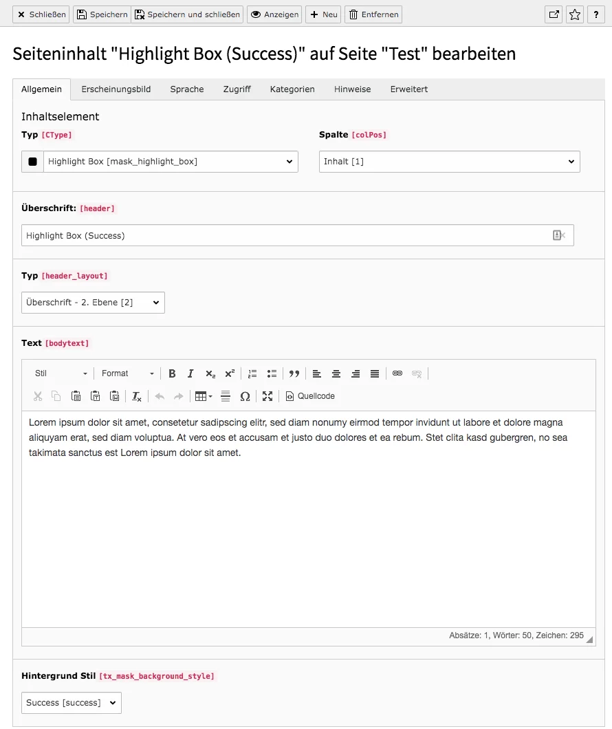 TYPO3 Mask Element Highlight Box Reiter Allgemein