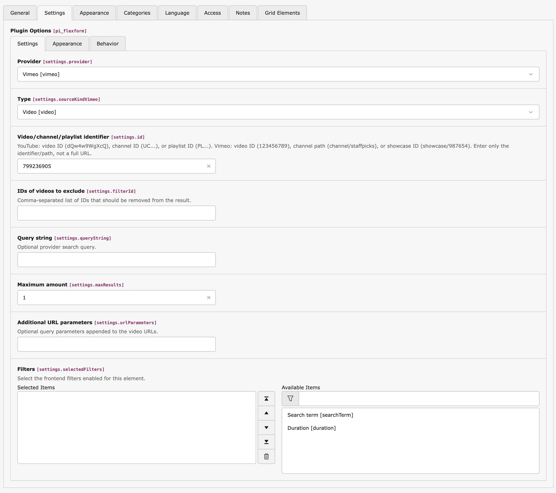 TYPO3 Video Content Element Backend Settings Tab (Vimeo)