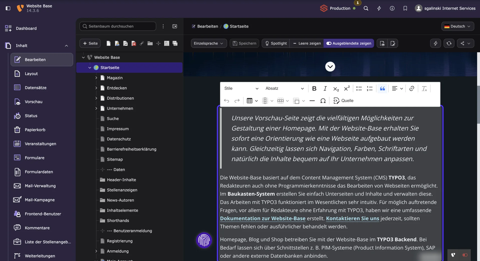 Kontextbezogene Bearbeitung eines Inhaltselements in der sgalinski TYPO3 Website Base.