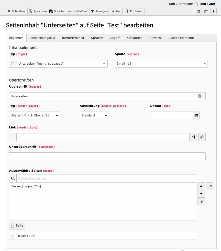 TYPO3 Inhaltselement Menü Unterseiten Reiter Allgemein