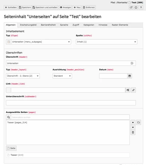 TYPO3 Inhaltselement Menü Unterseiten Reiter Allgemein