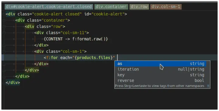 The fluid plug-in retrofits the missing IDE support for the Fluid template template