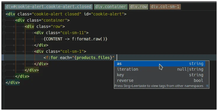 Das Fluid-Plugin bietet sinnvolle Vorschläge in der Autovervollständigung an