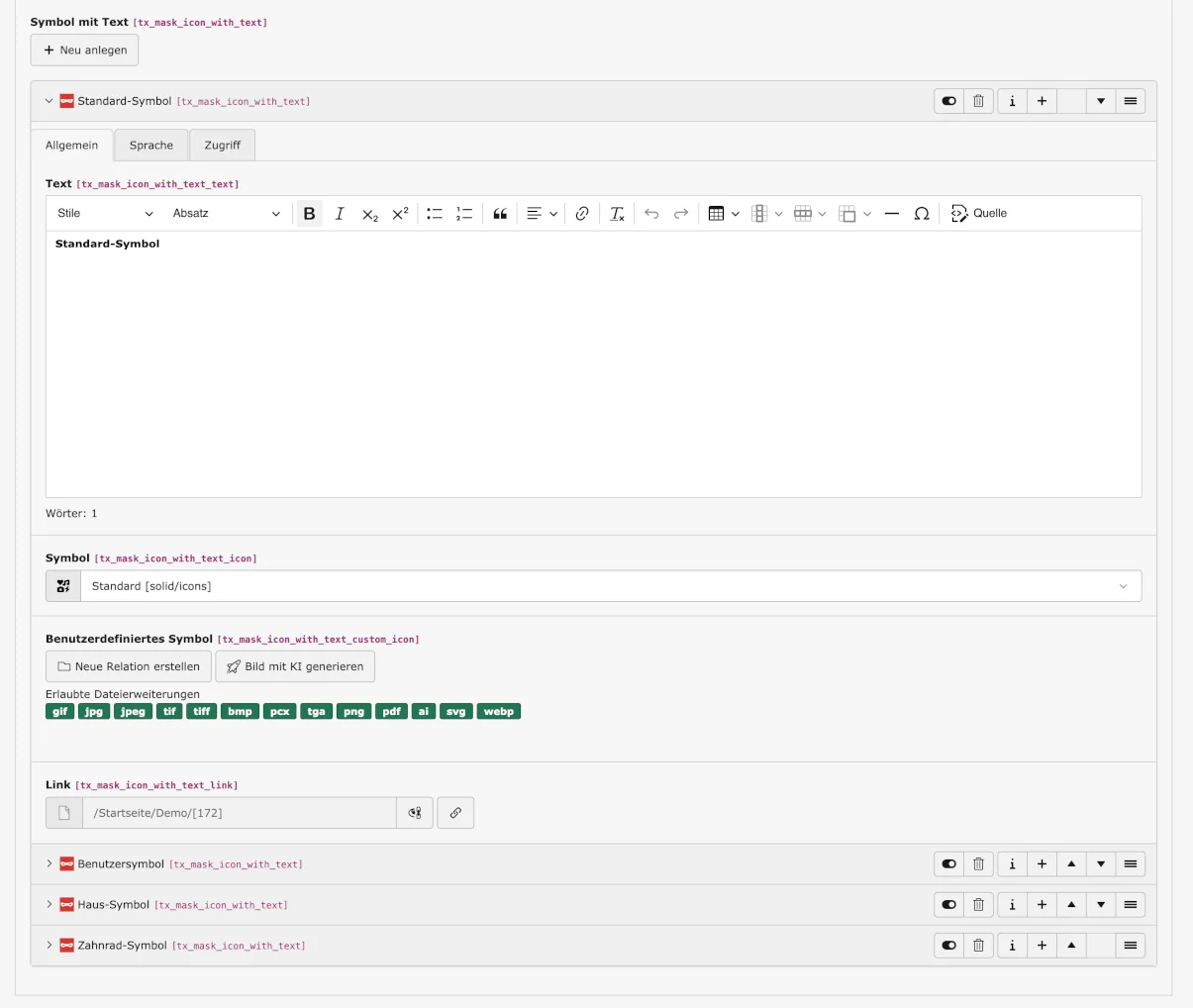 TYPO3 Symbol-Einstellungen bei Mask Element 'Icon with Text'