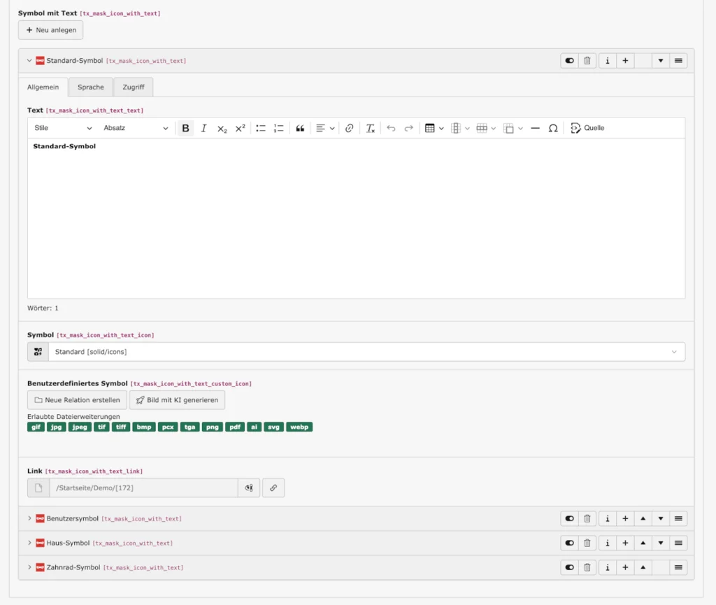 TYPO3 Symbol-Einstellungen bei Mask Element 'Icon with Text'