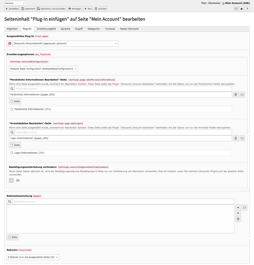 TYPO3 Inhaltselement Accountansicht Backend Reiter Plug-In