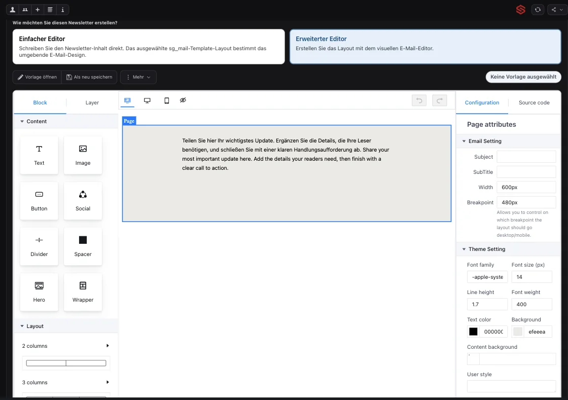 Screenshot des Advanced Newsletter-Editors mit Block-Editor, Textinhalt und Konfigurationspanel.
