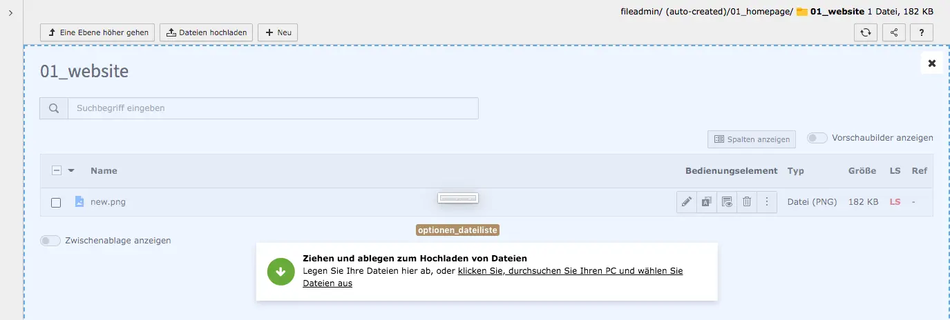 TYPO3 Filelist Datei per Add file via drag & drop