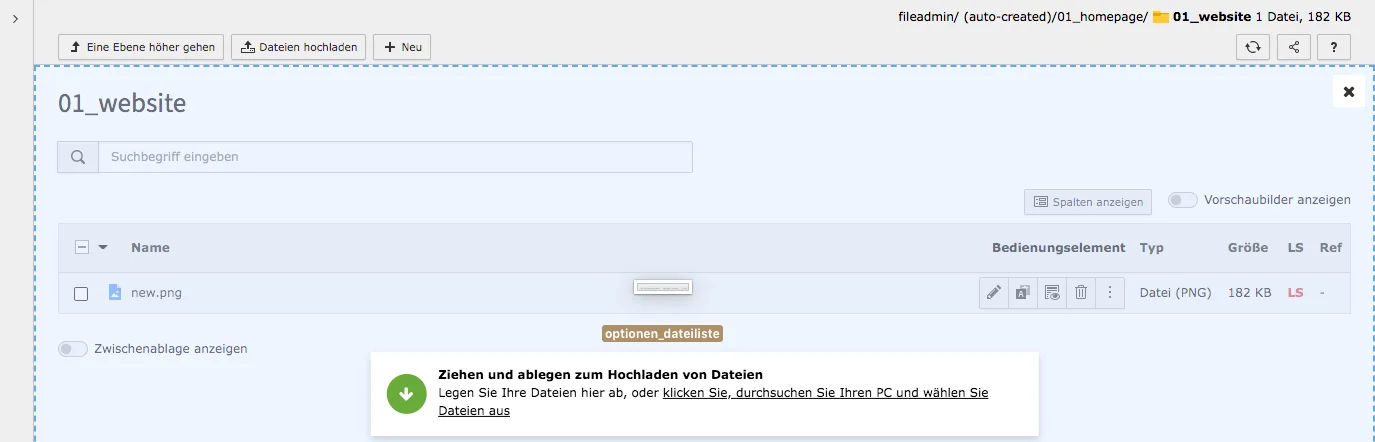 TYPO3 Dateiliste Datei per Drag-und-drop hinzufügen