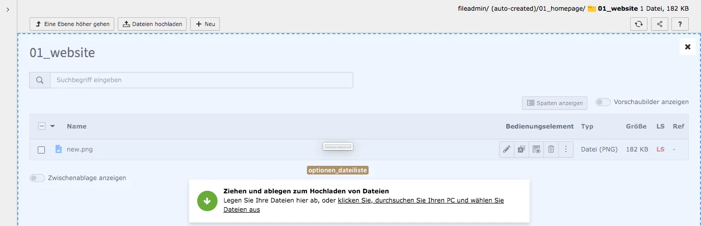 TYPO3 Filelist Datei per Add file via drag & drop