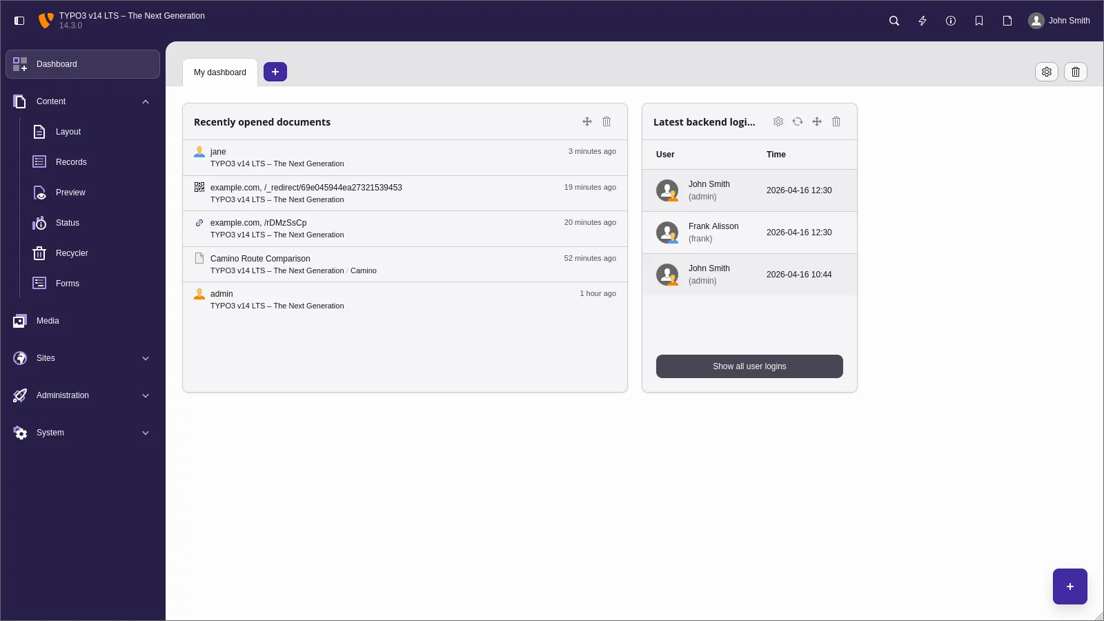TYPO3-v14-Dashboard mit zuletzt geöffneten Dokumenten und aktuellen Backend-Anmeldungen.